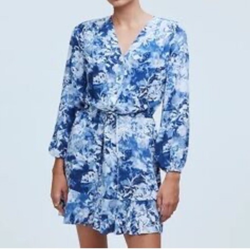 Madewell Tie-Waist Mini Shirtdress in Floral Crepe S 4 Blue White
